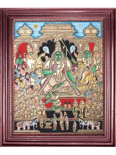 Ram Darbar Tanjore Painting depicting Lord Rama’s coronation (Ramar Pattabishegam) with Sita, Hanuman, and royal assembly handcrafted with gold foil
